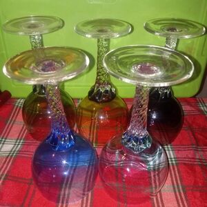 Set Of 5 Handblown Colored Wine Glasses